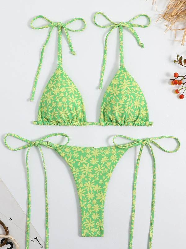 Feminine printed high-waisted strappy two-piece bikini