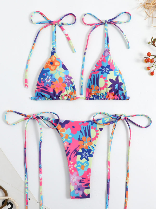 Feminine printed high-waisted strappy two-piece bikini