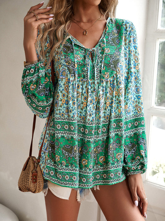 Women's bohemian printed lace-up blouse