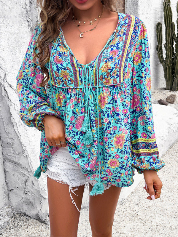 Women's Casual Spring and Summer Vacation Bohemian Print Lace-up Long Sleeve Shirt