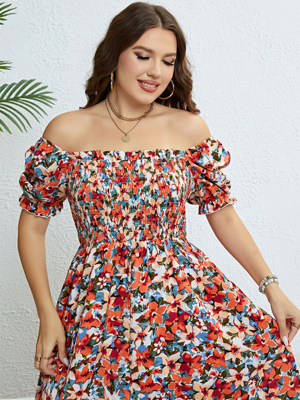 Plus size women's summer floral one-shoulder waist slimming dress