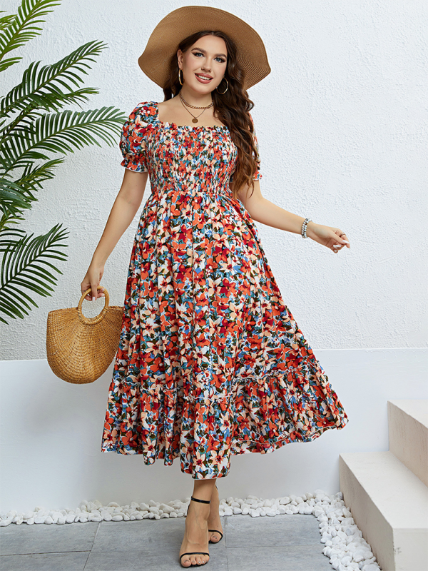 Plus size women's summer floral one-shoulder waist slimming dress