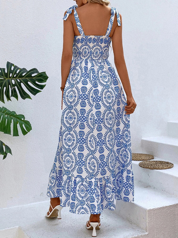 Women's new summer fashionable strap printed sleeveless slit long dress