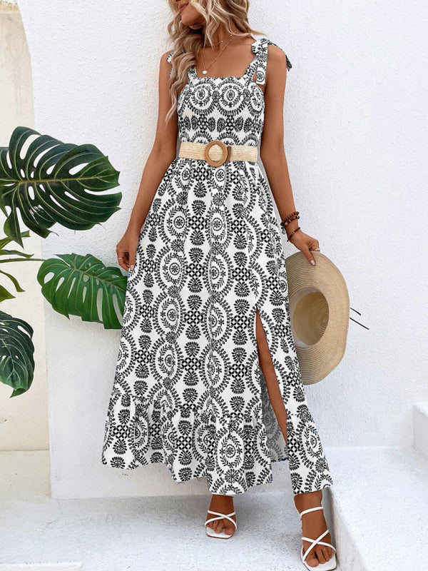 Women's new summer fashionable strap printed sleeveless slit long dress