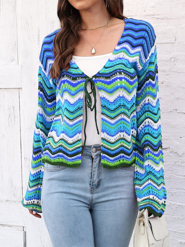 Rainbow Wave Woven Cardigan Sweater with Monochrome Stripes