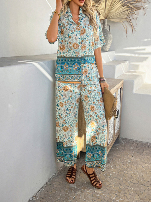 Bohemian holiday style short-sleeved long pants suit