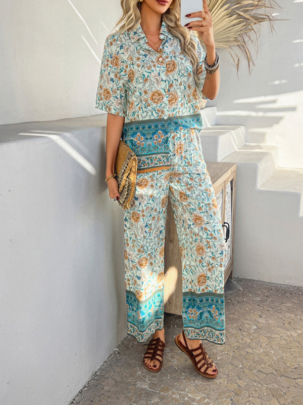 Bohemian holiday style short-sleeved long pants suit