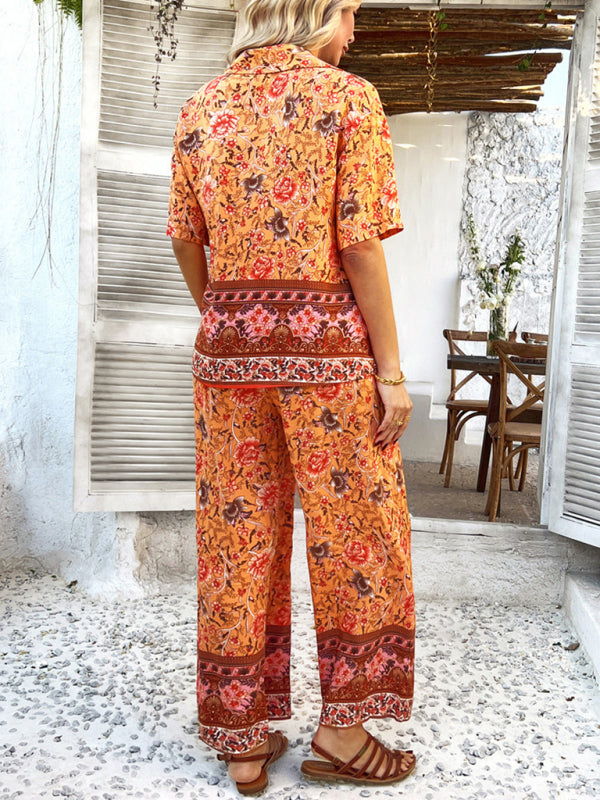 Bohemian holiday style short-sleeved long pants suit