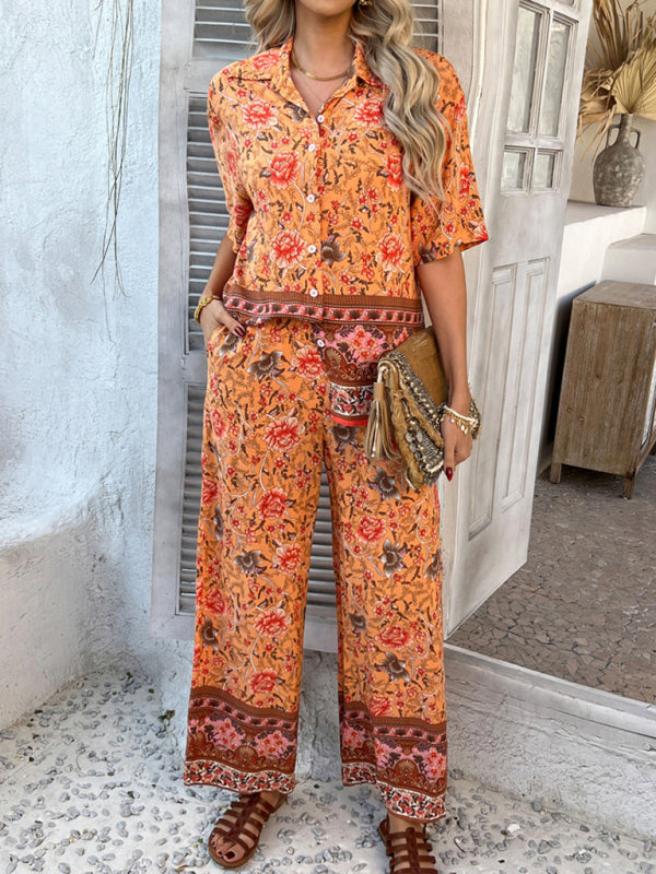 Bohemian holiday style short-sleeved long pants suit