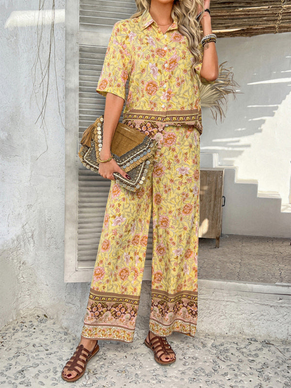 Bohemian holiday style short-sleeved long pants suit