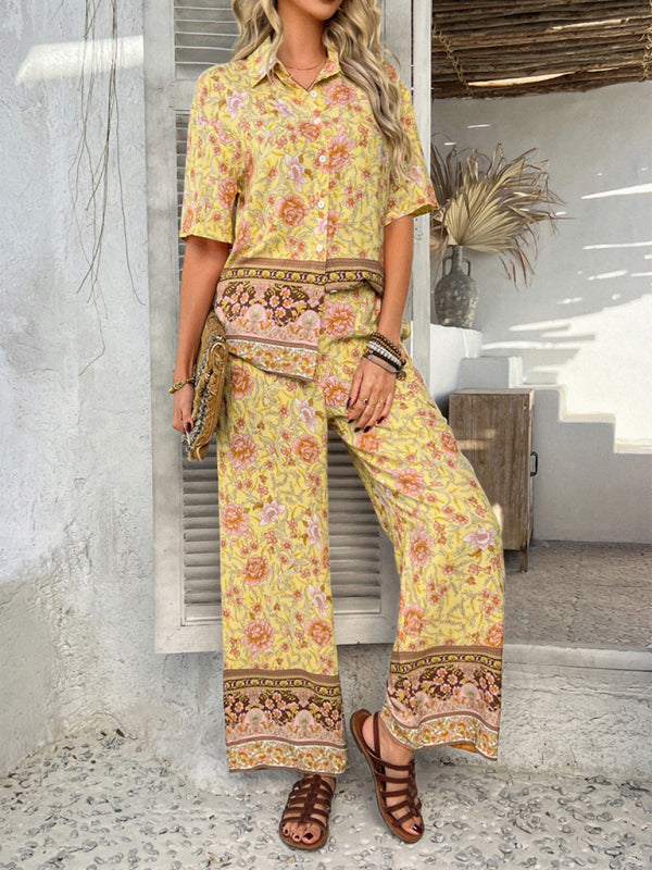Bohemian holiday style short-sleeved long pants suit