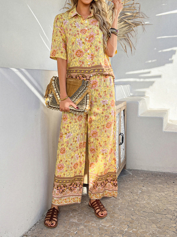 Bohemian holiday style short-sleeved long pants suit