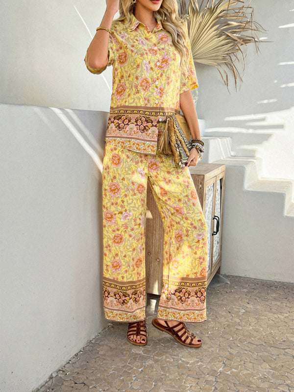 Bohemian holiday style short-sleeved long pants suit