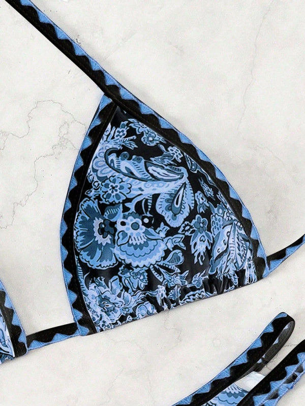 Dark blue printed halter neck sexy bikini