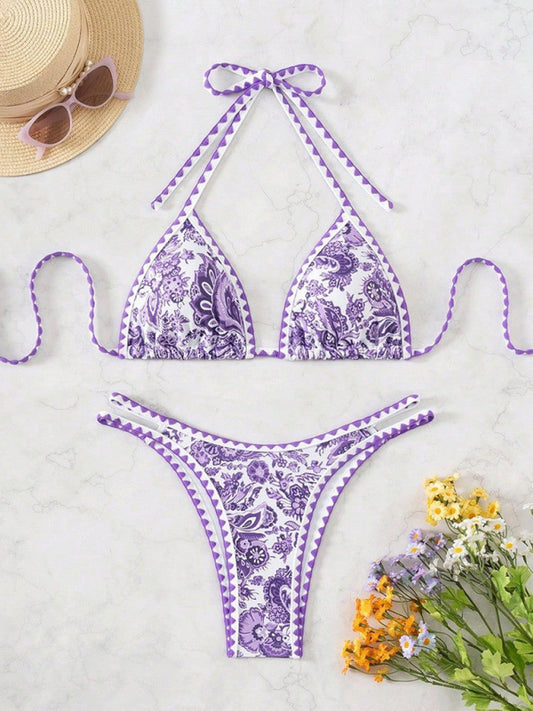 Purple Printed Halter Neck Sexy Bikini
