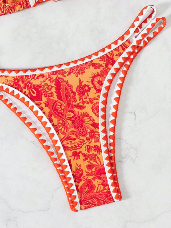 Orange Printed Halter Neck Sexy Bikini