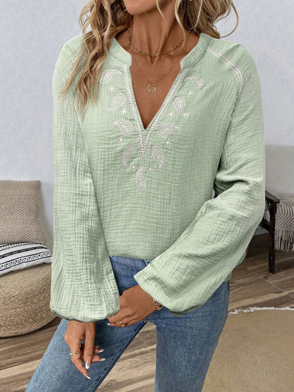 Ethnic style casual V-neck embroidered cotton top