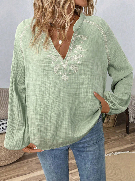 Ethnic style fashionable casual V-neck embroidered cotton top