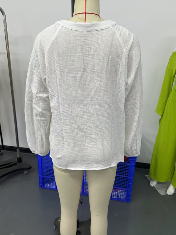 Ethnic style fashionable casual V-neck embroidered cotton top