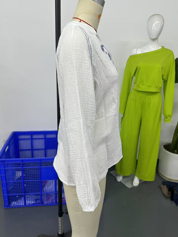 Ethnic style fashionable casual V-neck embroidered cotton top