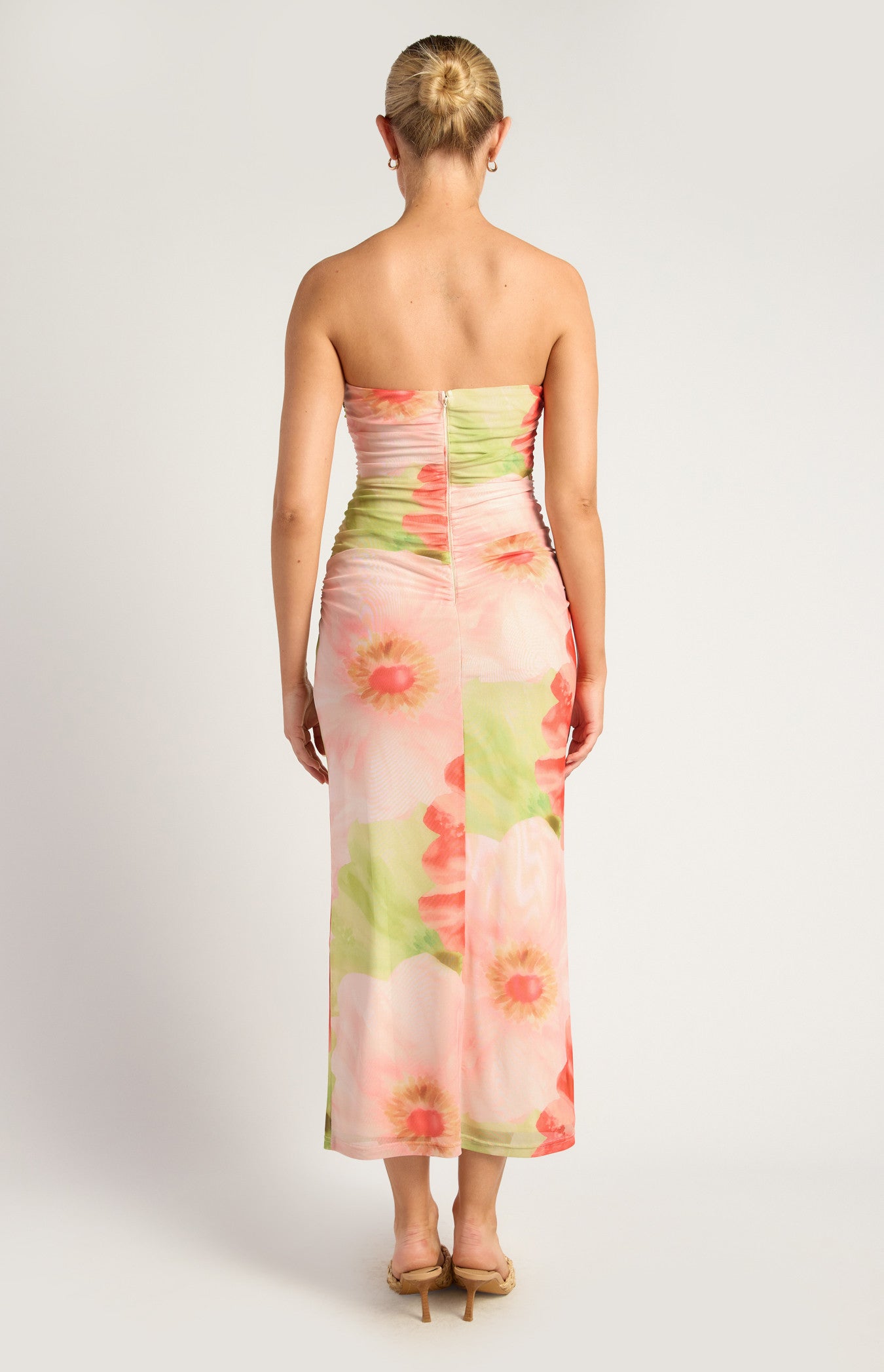 Contrast Floral Print Strapless Mesh Midi Dress