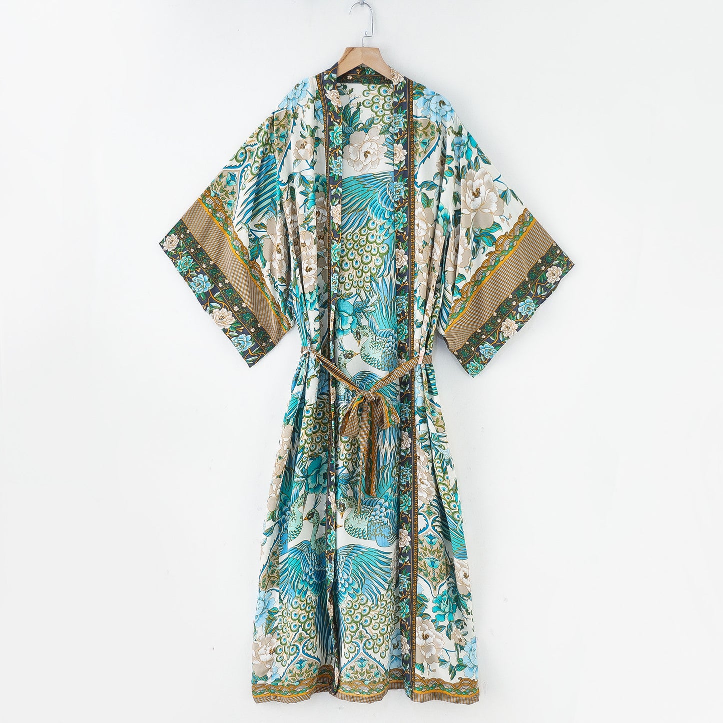 Spring Summer European Beauty Bohemian Printed Crane Kimono Dress Robe