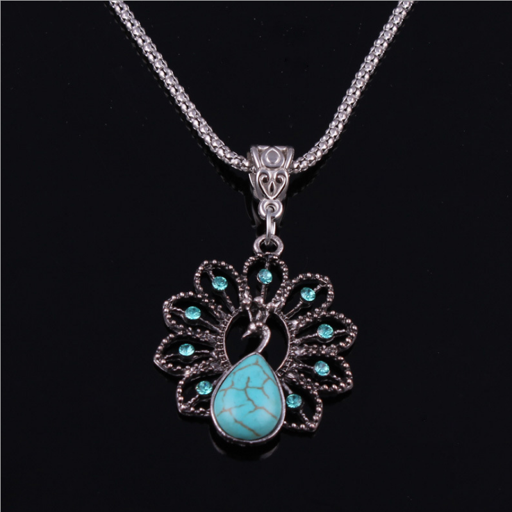 Bohemian retro ethnic style turquoise peacock necklace