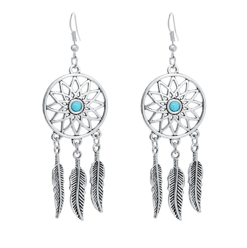 Silver Plated Bohemia Feather Dream Catcher Dreamcatcher Drop Earrings