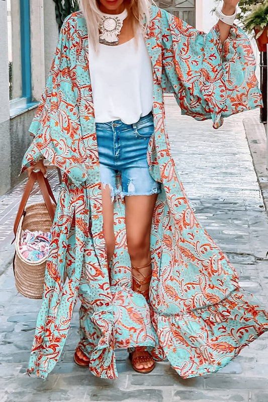 Sky Blue Boho Retro Floral Print Long Sleeve Oversized Kimono