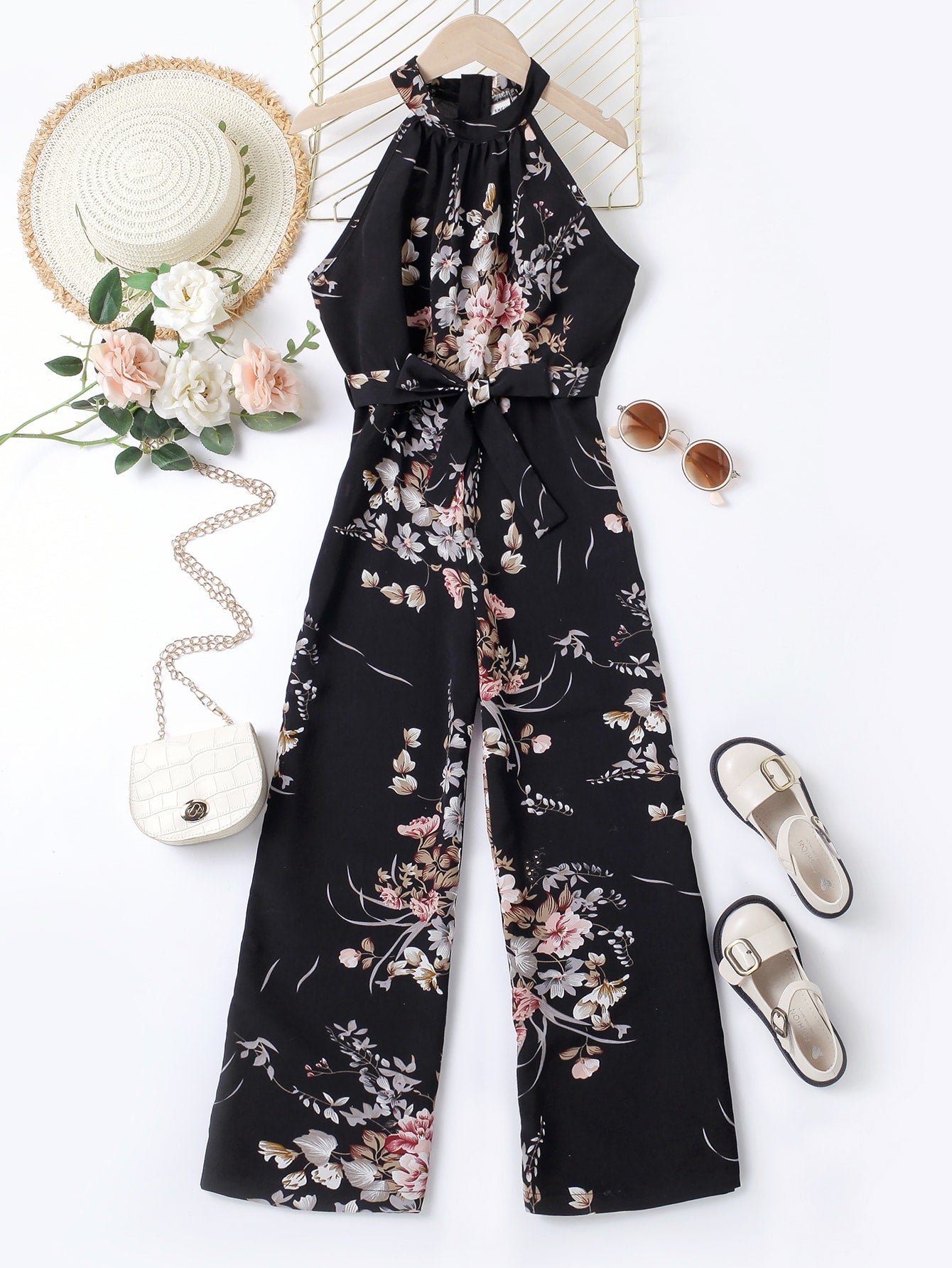 Girls Floral Print Belted Halter Jumpsuit