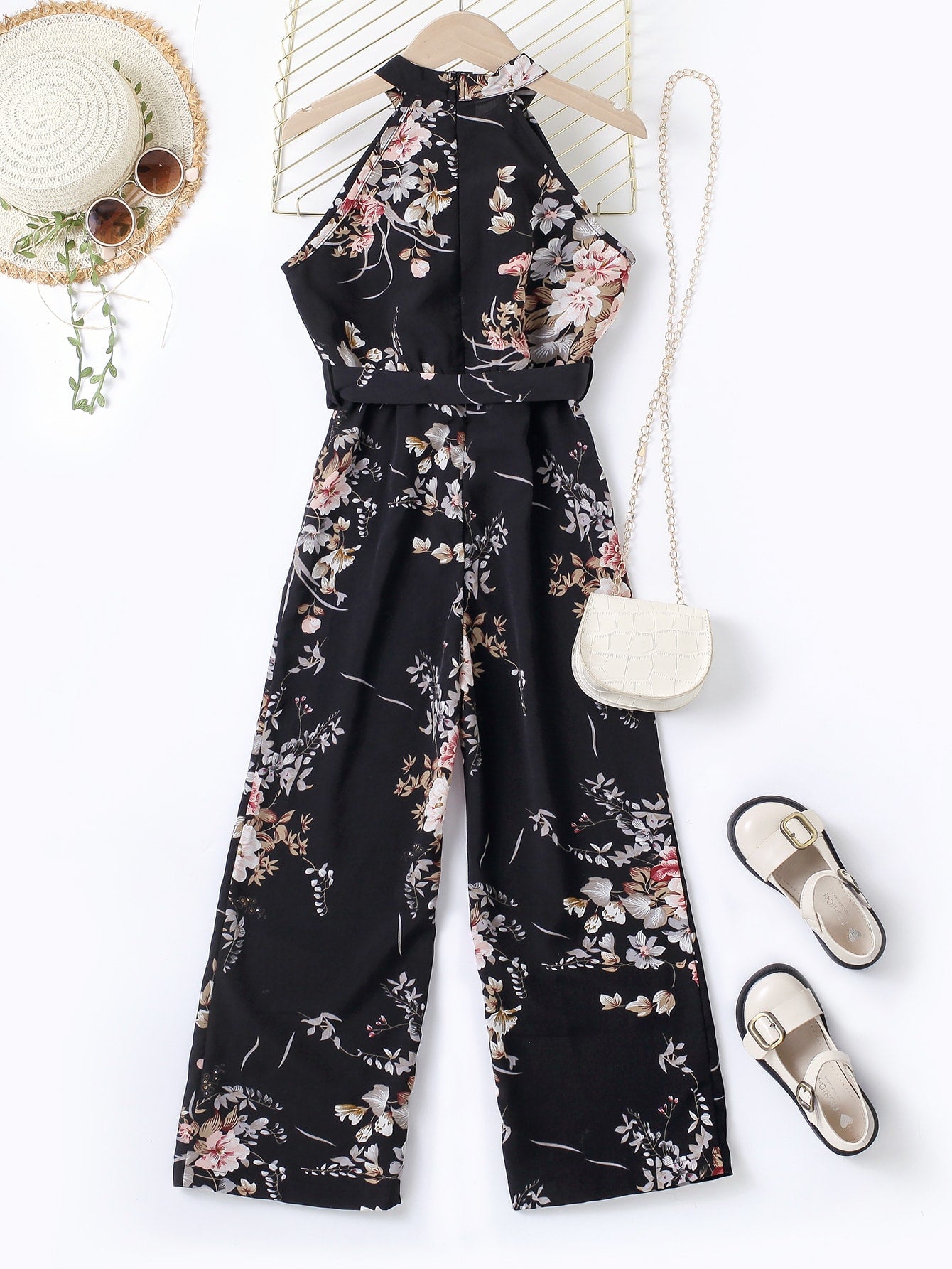 Girls Floral Print Belted Halter Jumpsuit