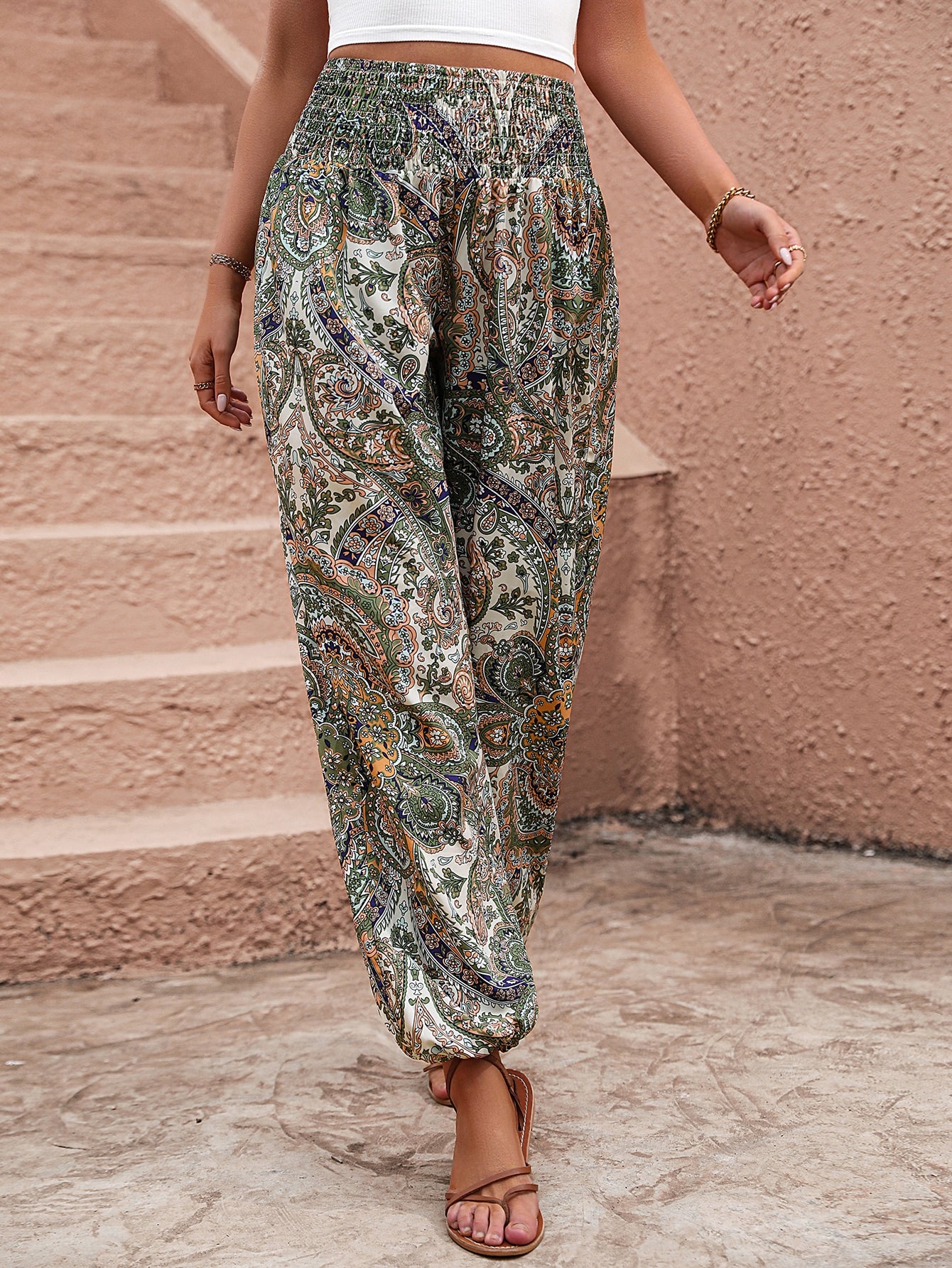 Paisley Print Shirred Waist Pants