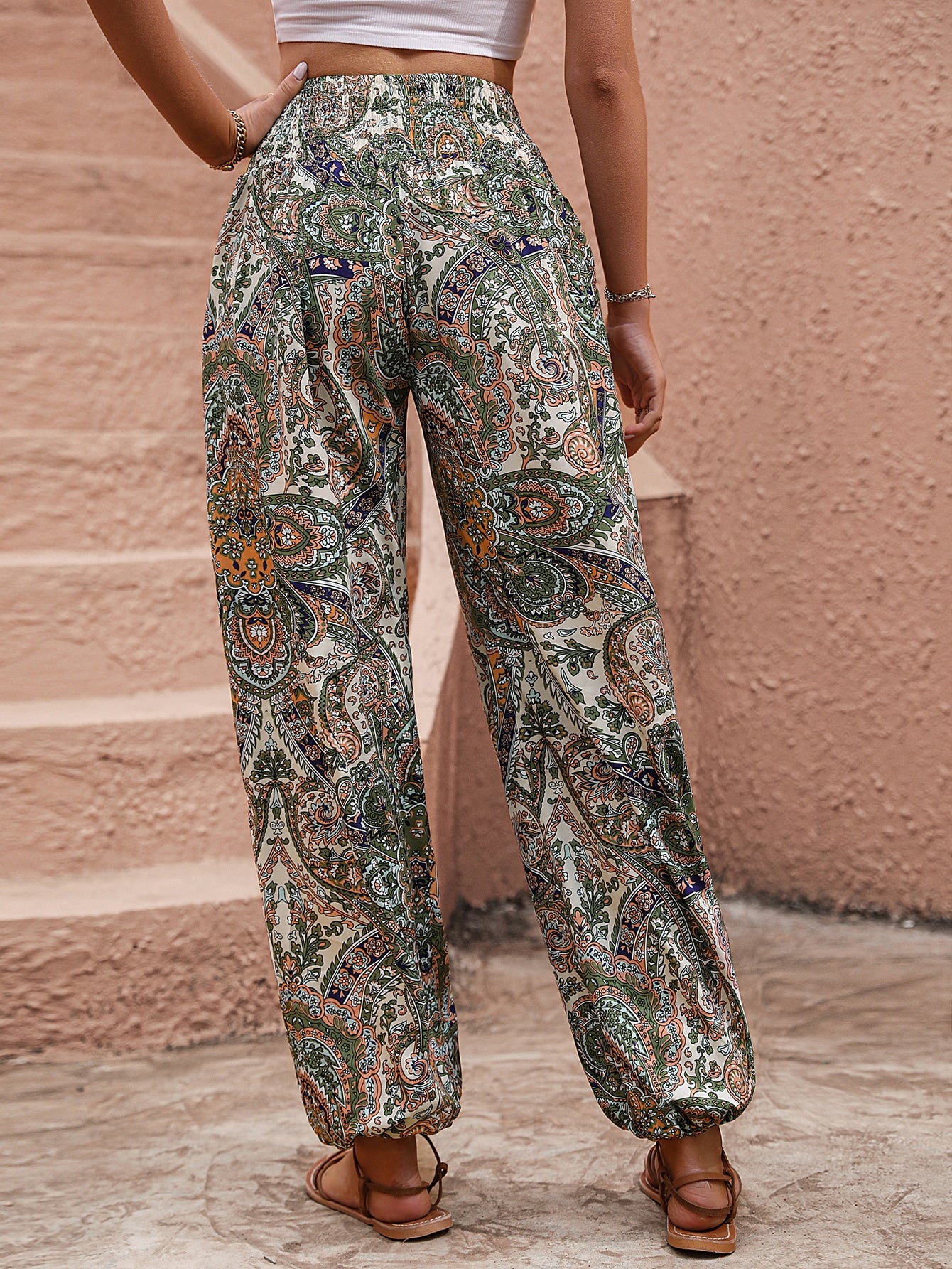 Paisley Print Shirred Waist Pants