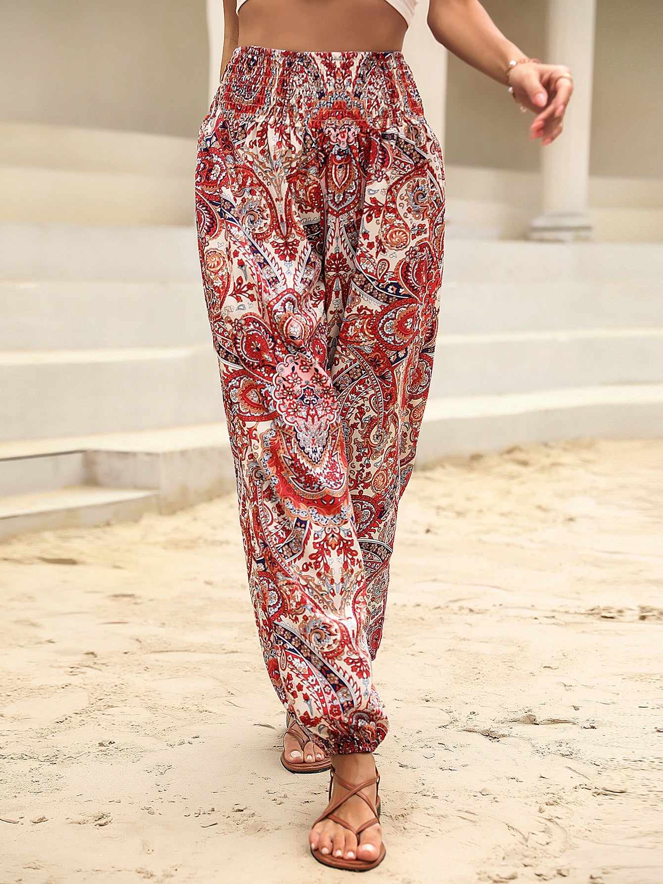 Paisley Print Shirred Waist Pants