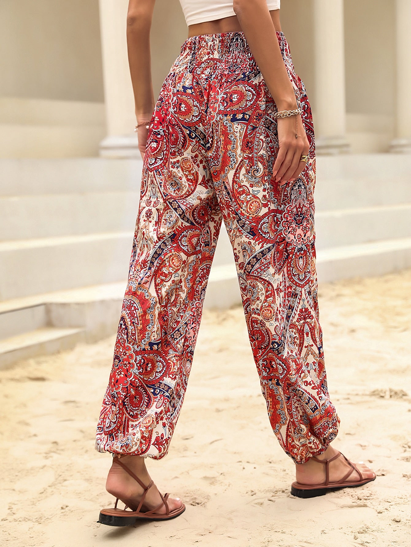 Paisley Print Shirred Waist Pants