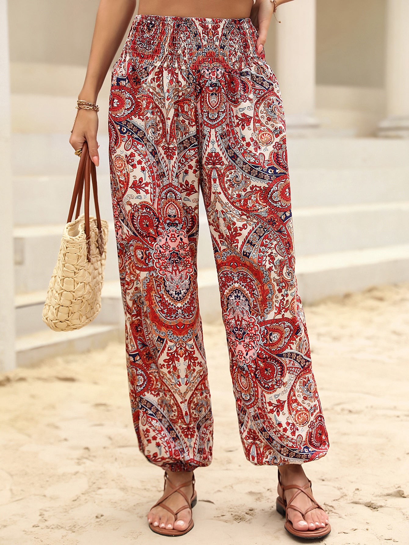 Paisley Print Shirred Waist Pants