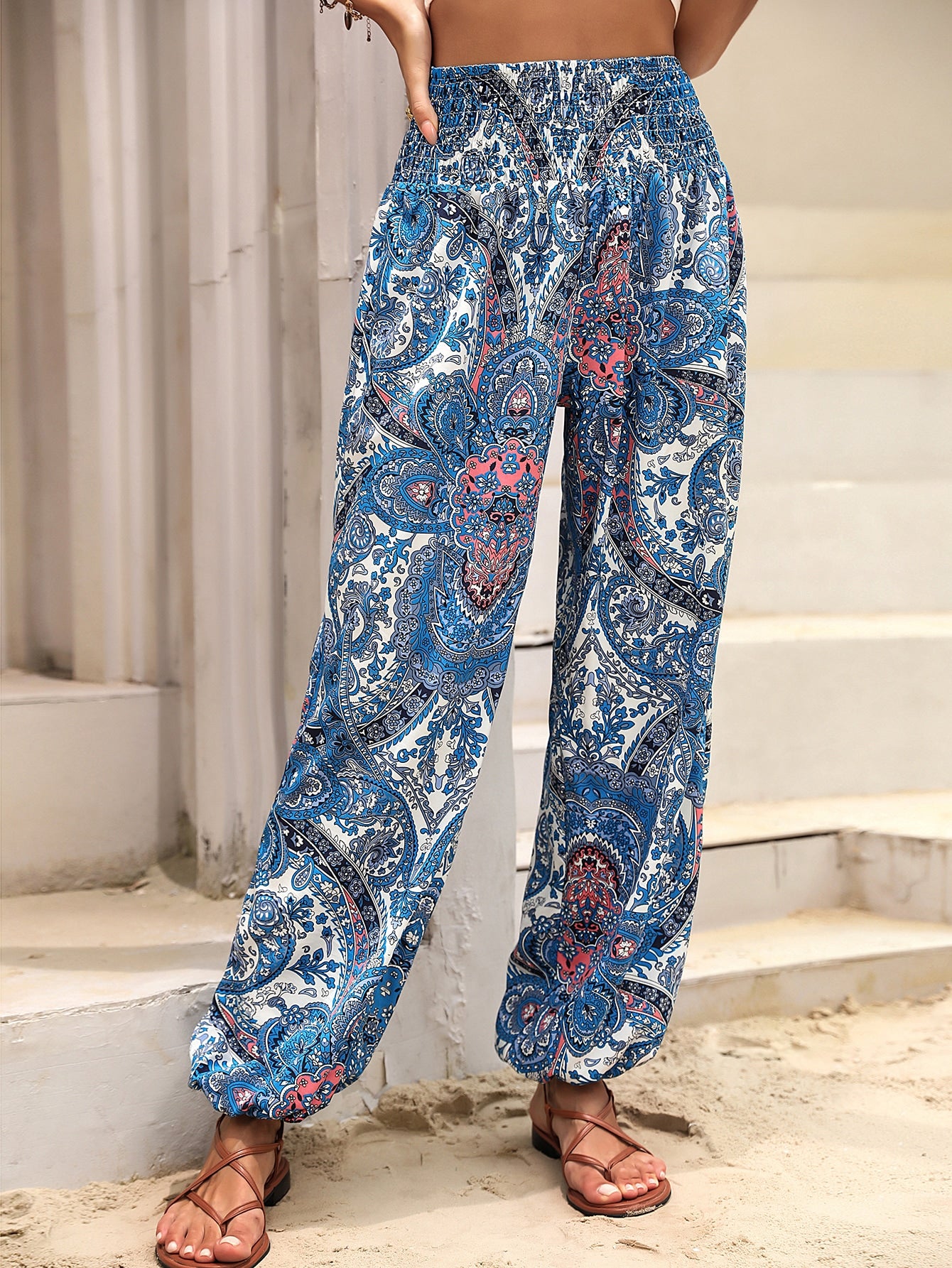 Paisley Print Shirred Waist Pants