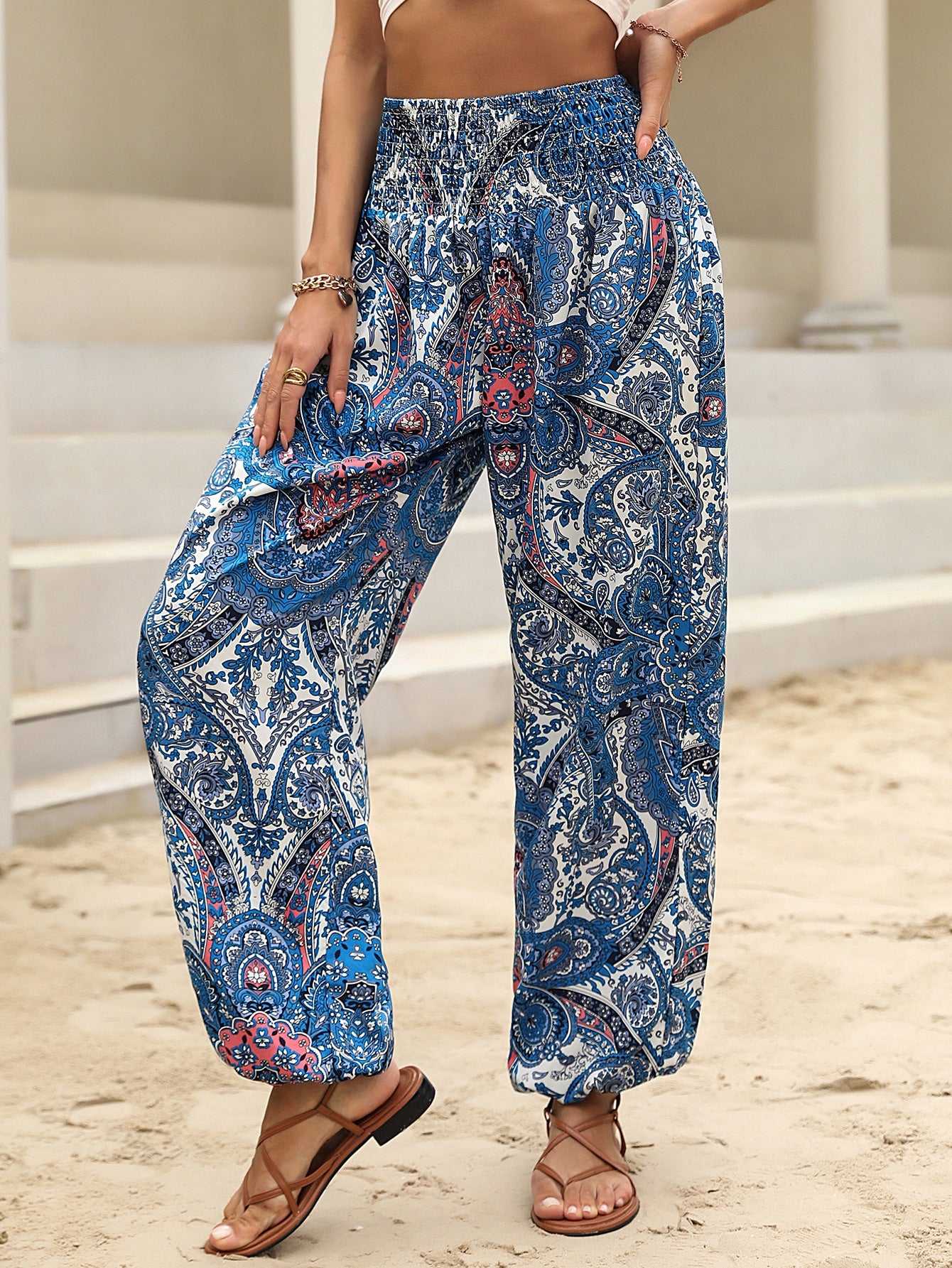 Paisley Print Shirred Waist Pants