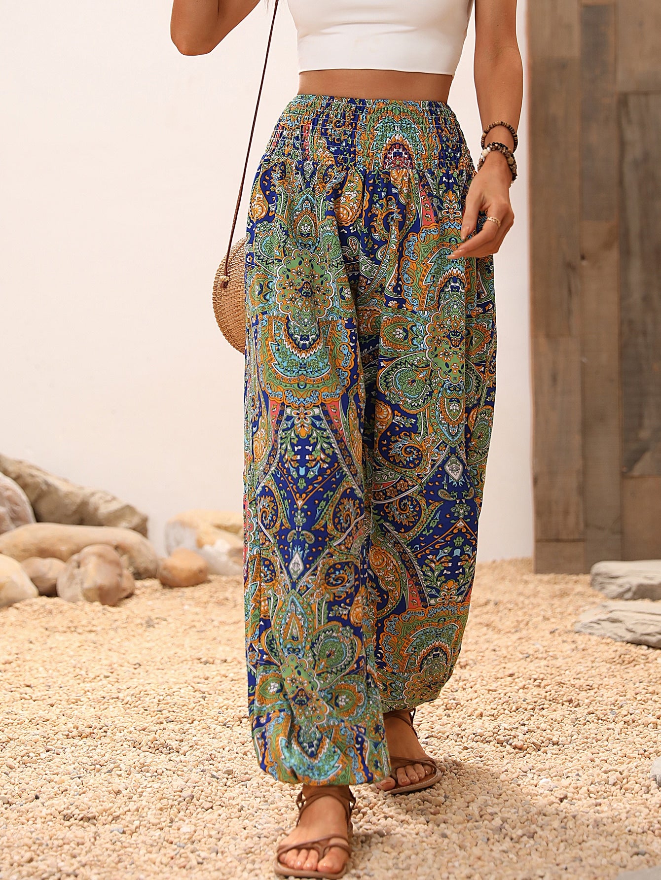 Paisley Print Shirred Waist Pants