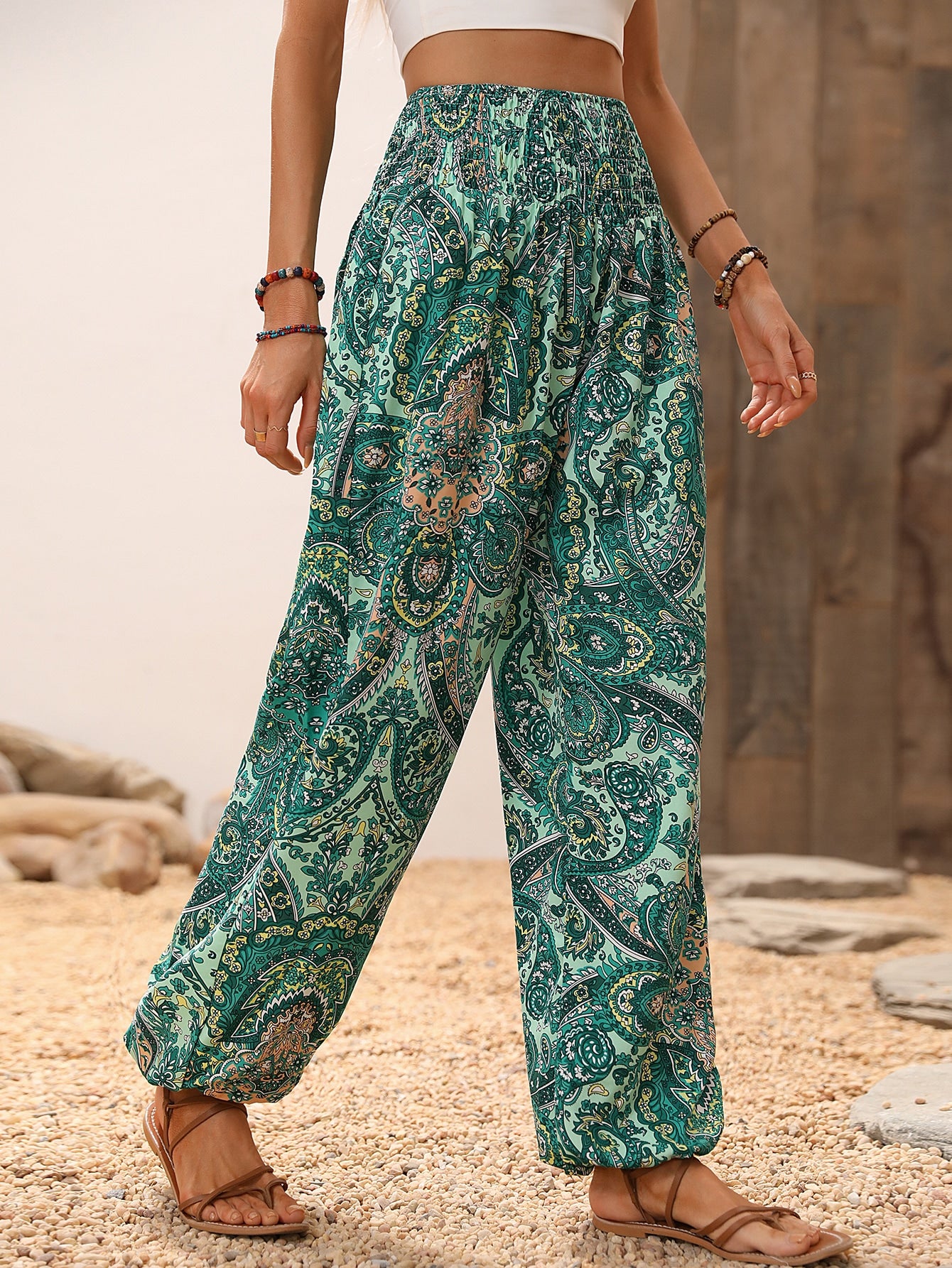 Paisley Print Shirred Waist Pants