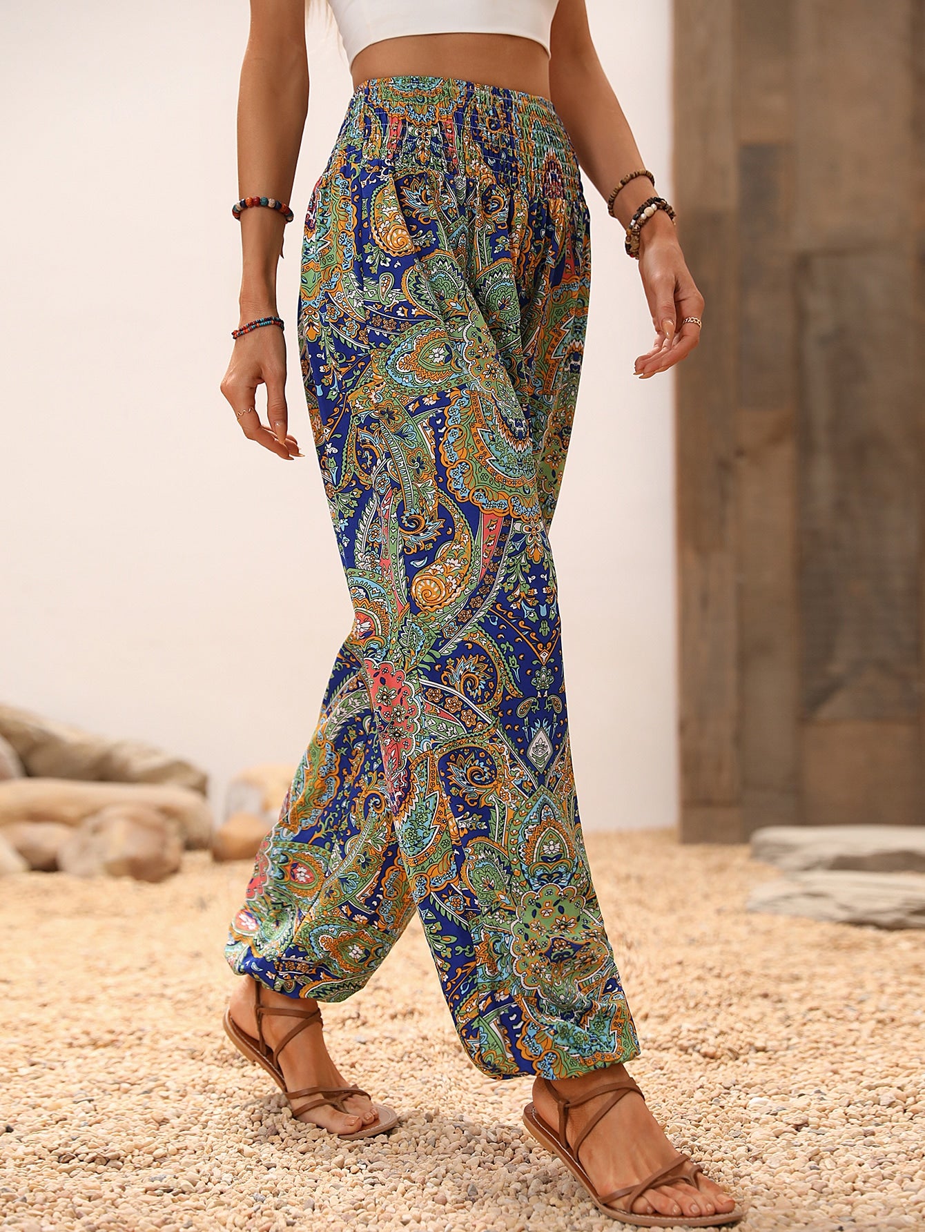 Paisley Print Shirred Waist Pants