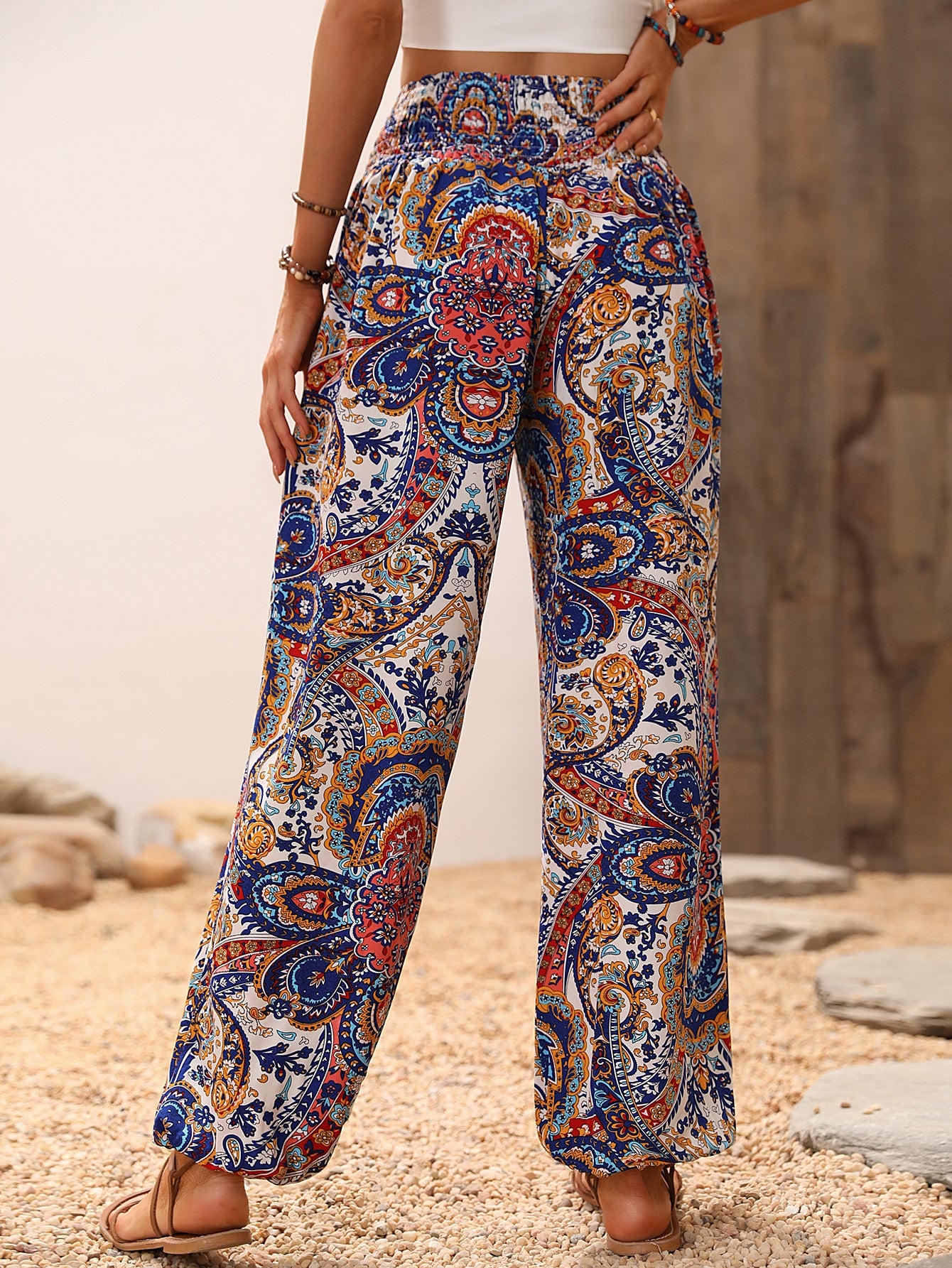 Paisley Print Shirred Waist Pants