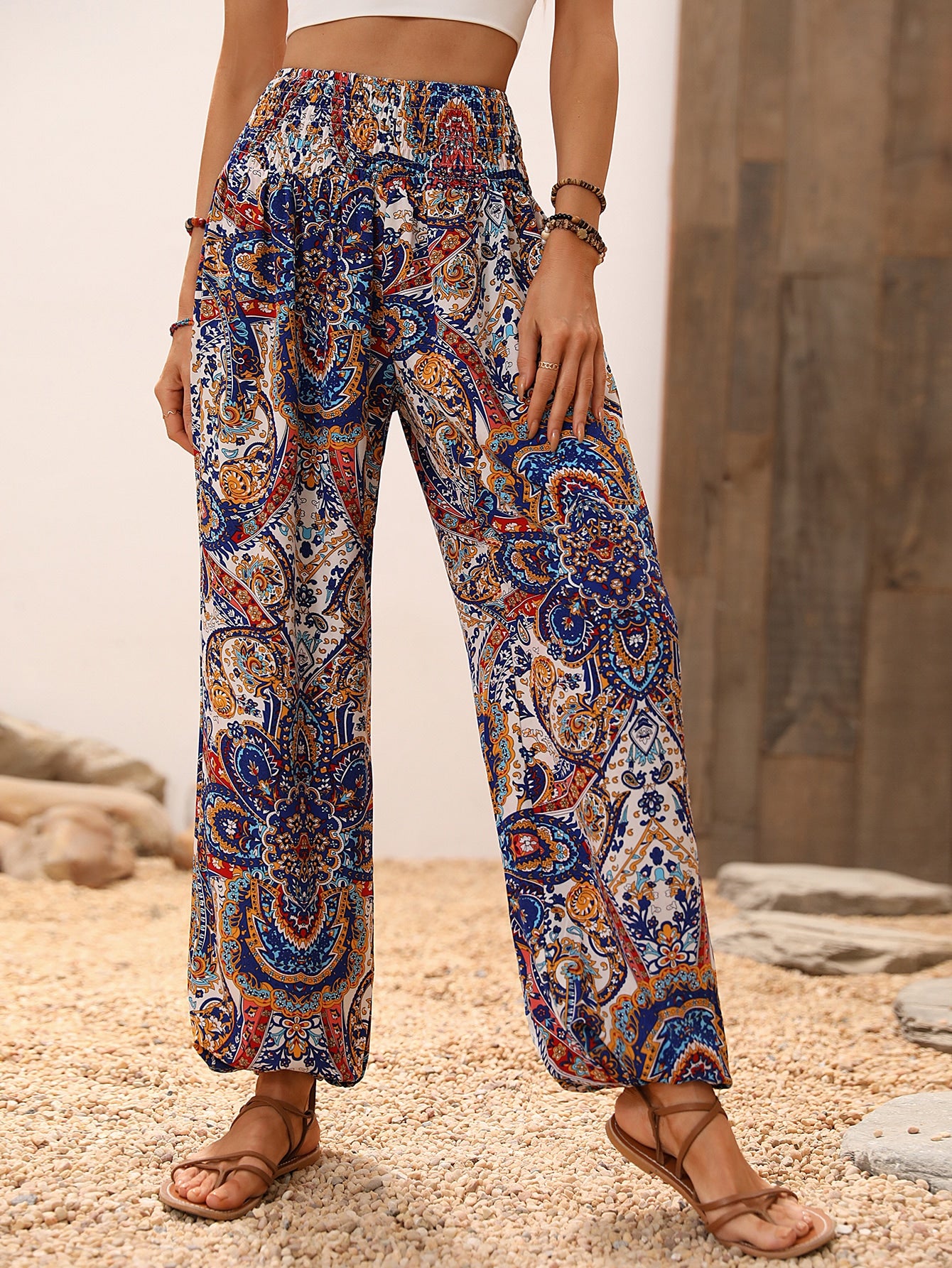 Paisley Print Shirred Waist Pants