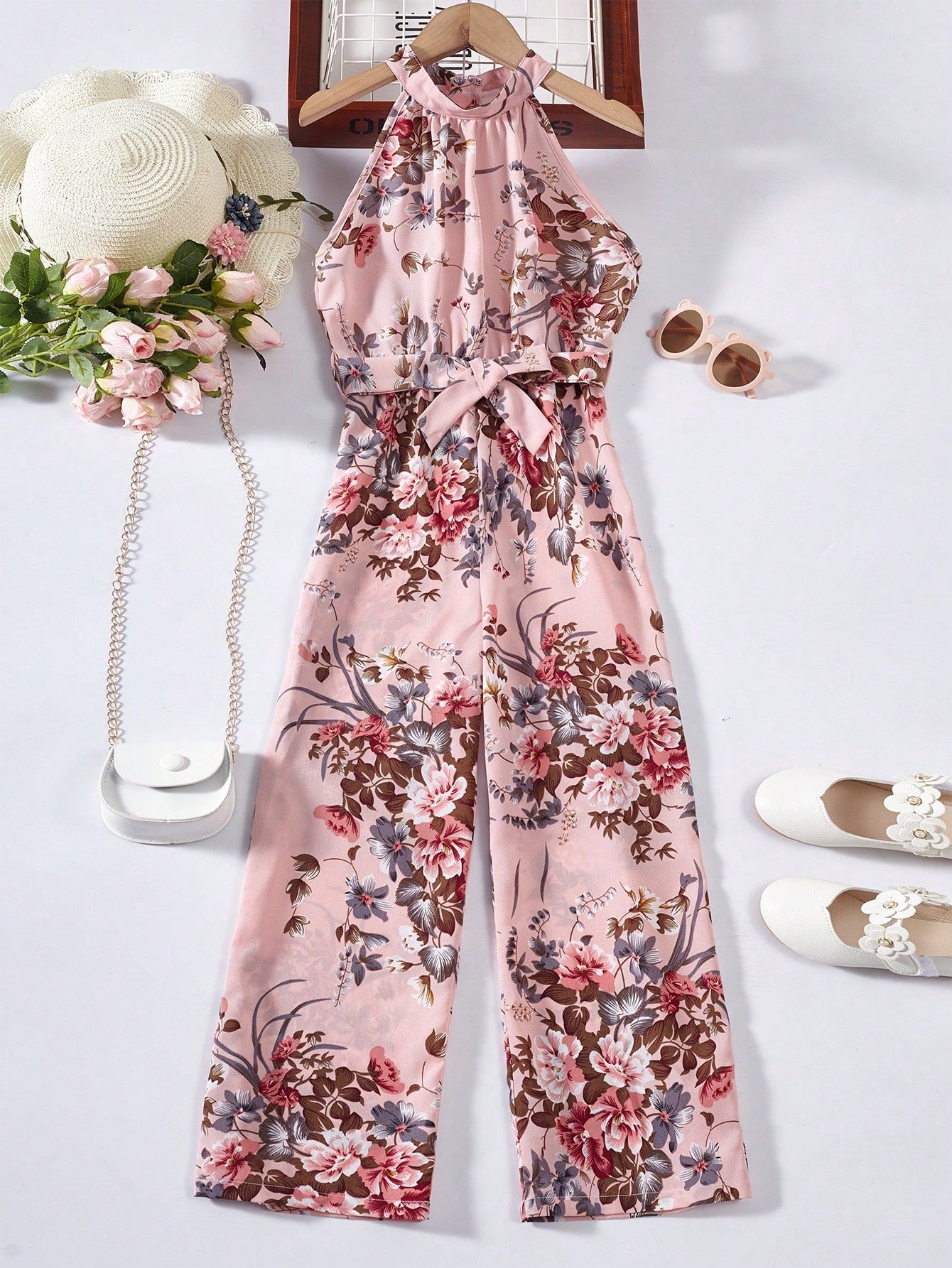 Girls Floral Print Belted Halter Jumpsuit