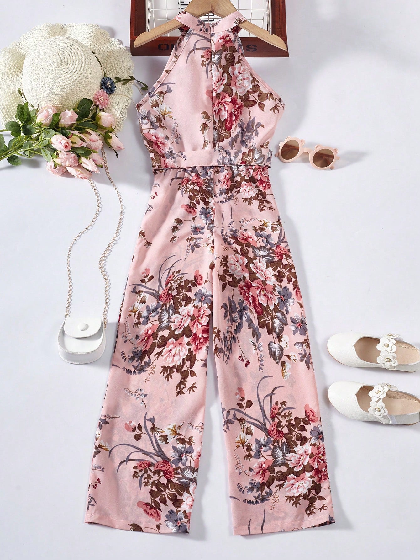 Girls Floral Print Belted Halter Jumpsuit