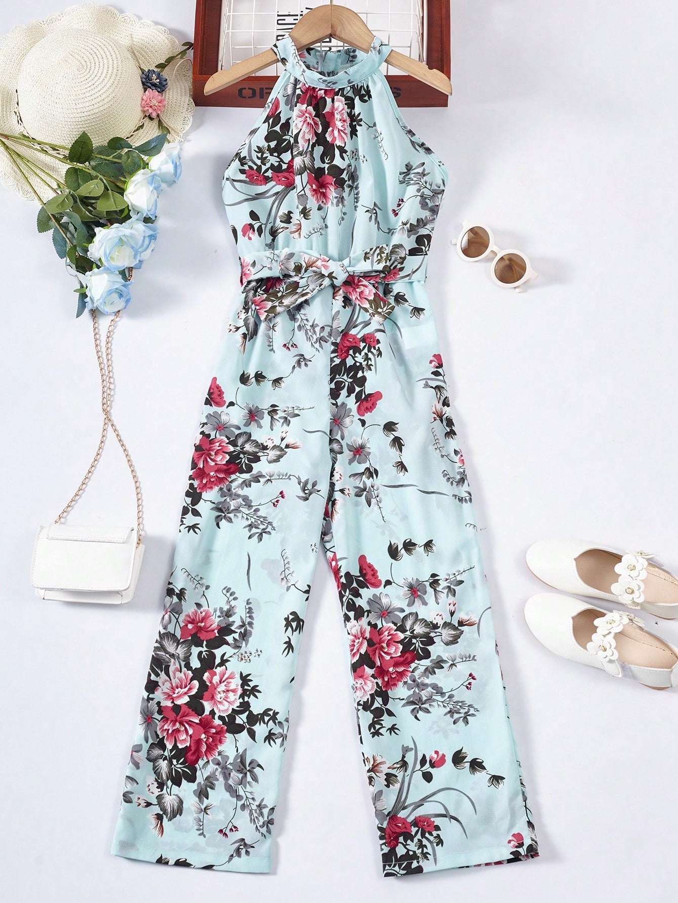 Girls Floral Print Belted Halter Jumpsuit