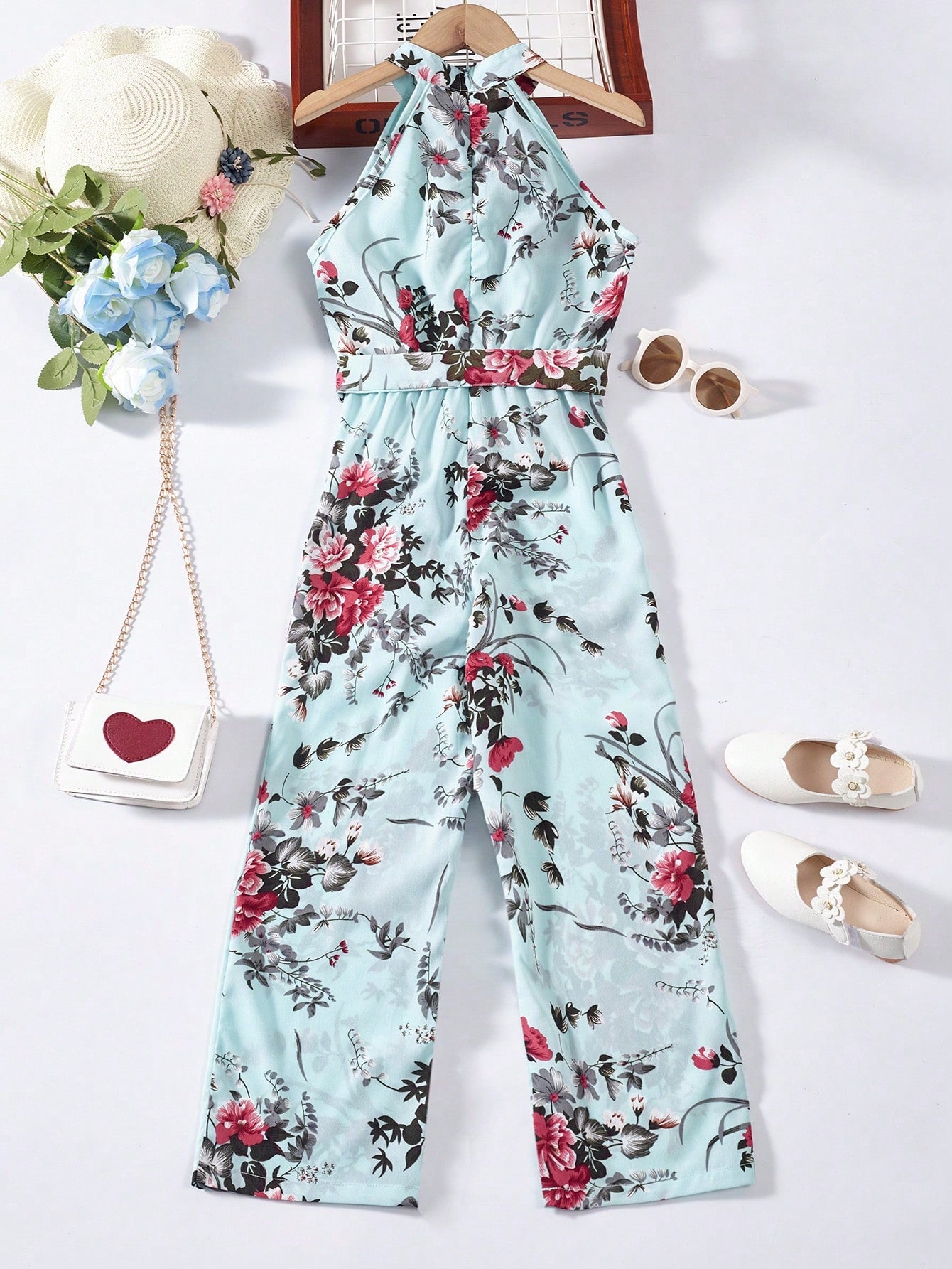 Girls Floral Print Belted Halter Jumpsuit