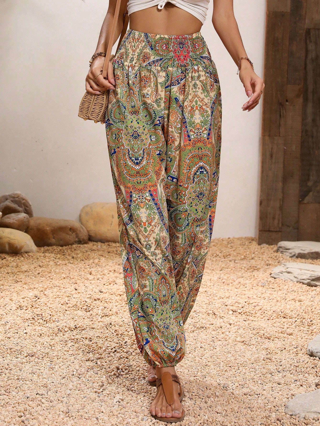 Paisley Print Shirred Waist Pants