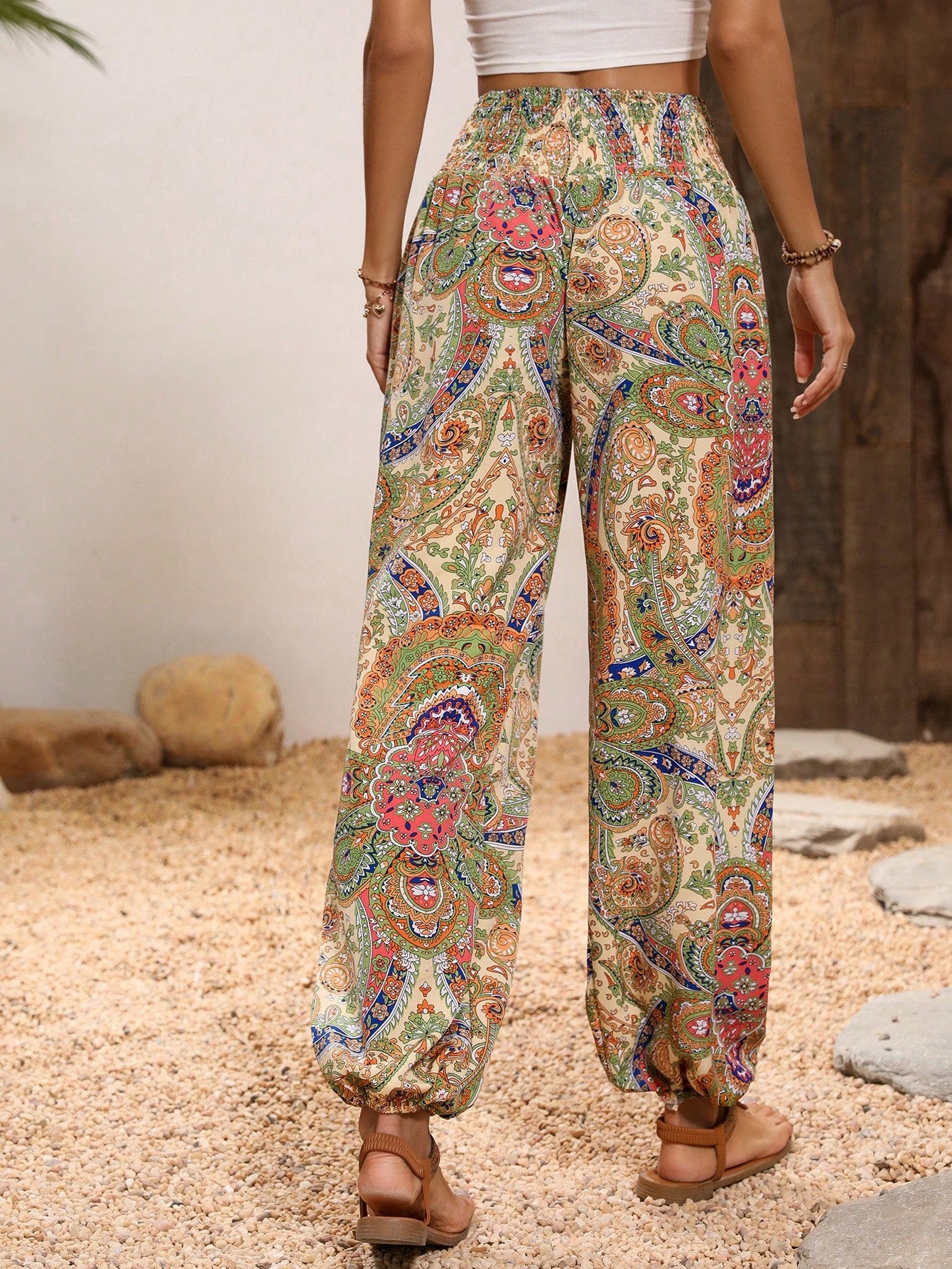 Paisley Print Shirred Waist Pants