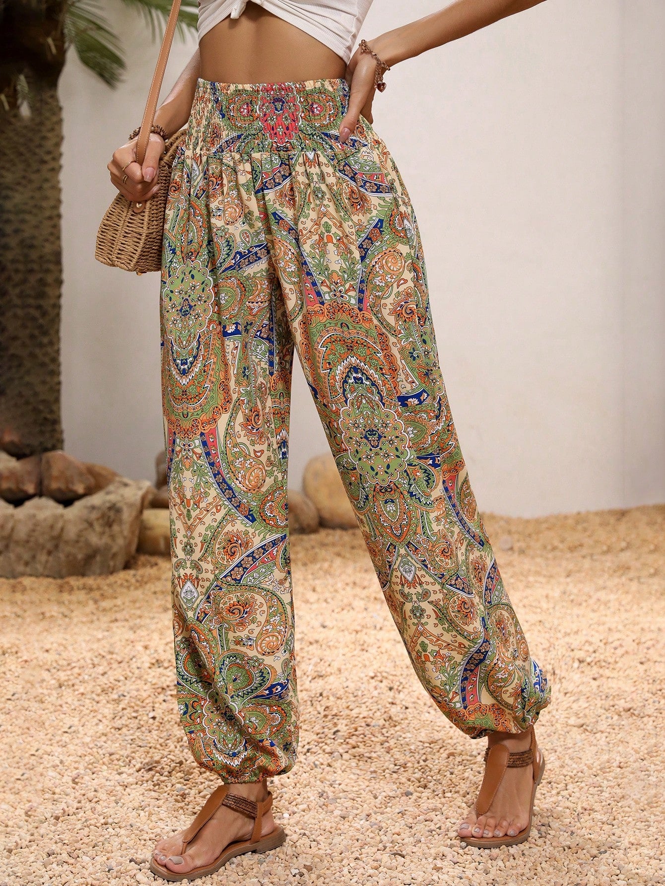 Paisley Print Shirred Waist Pants